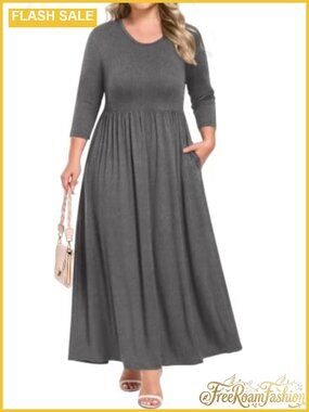 Women's Plus Size Maxi Dress 3/4 Sleeve Round Neck Long Dress with Pockets